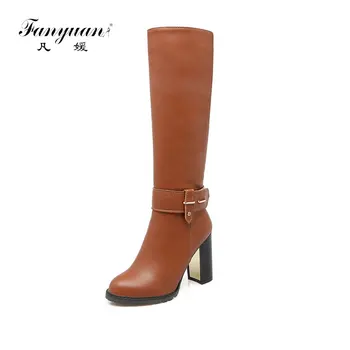 

fanyuan 2020 hot sale knee high boots women Metal decoration round toe warm winter boots woman high heels shoes black