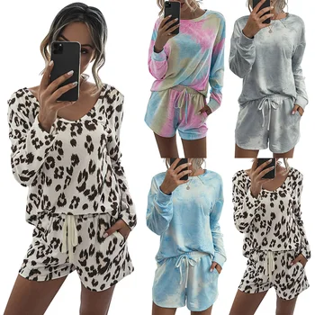 

Casual Printed Pajamas Women Round Neck Long Sleeve Tops Shorts 2Pcs Set Spring Summer Leopard Tie-dye Sleepwear Nightgown D30