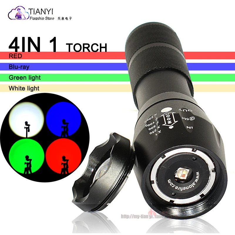 

A100 telescopic focusing multi-function strong light flashlight red/white/blue/green four-color light source household RGB TORCH