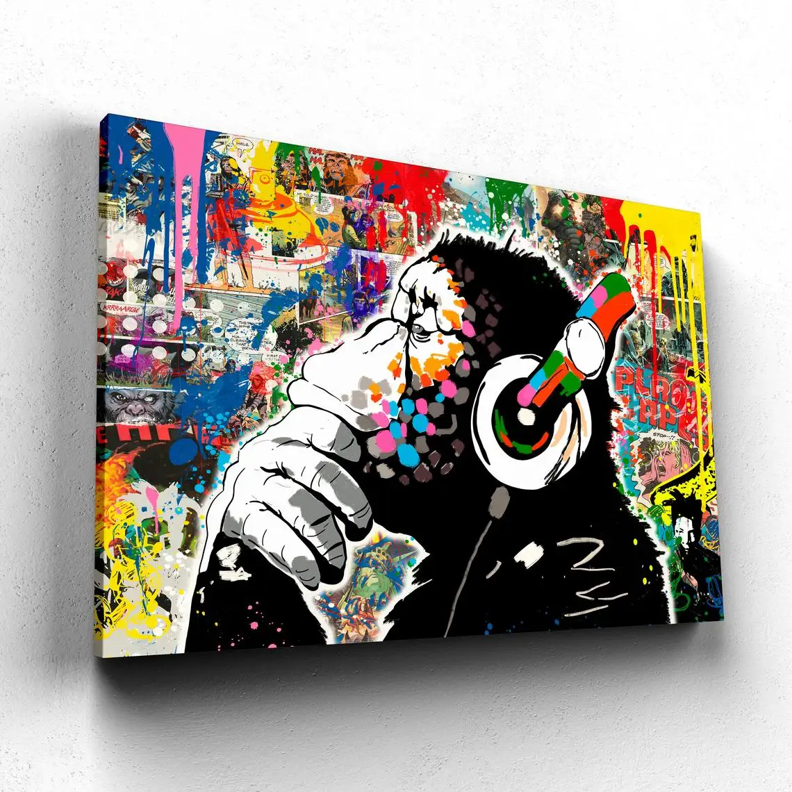 Уличные граффити мышление обезьяна с наушники гориллы Шимпанзе DJ художественные