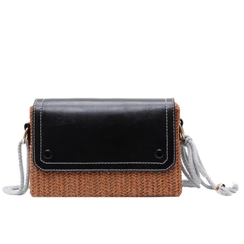 

Hand Woven Women's Shoulder Bag Summer Straw Beach Bags Bohemian Square Handbag Female Flap Messenger Bag Knitting Crossbody Box