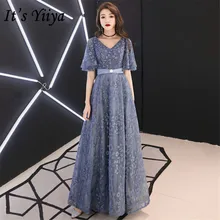 It's Yiiya Evening Dresses Long V-neck Embroidery Lace Formal Dress For Women Plus Size Short Sleeve robe de soiree E1398