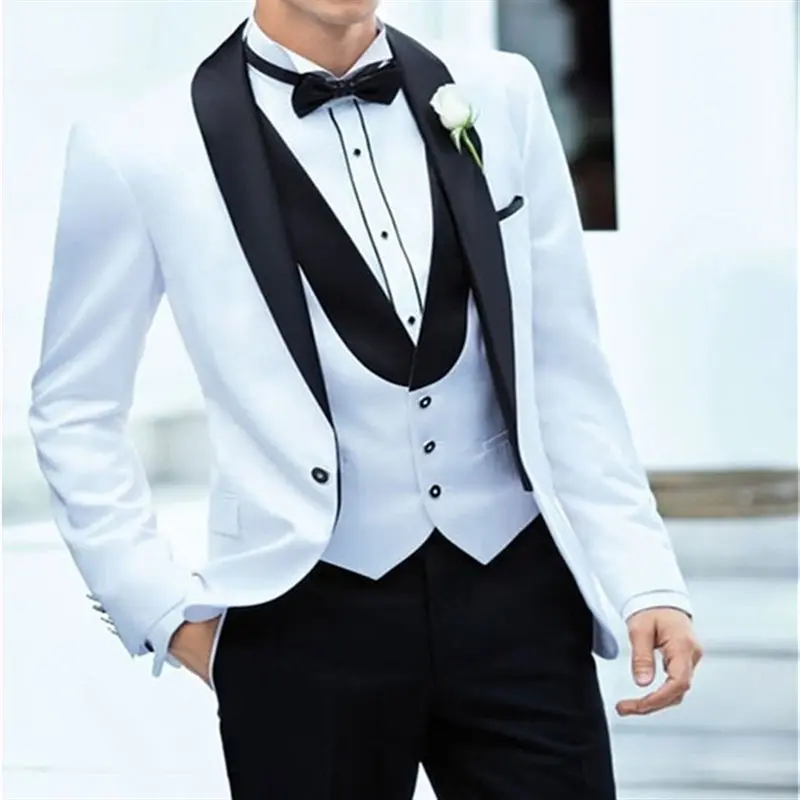 Последний дизайн пальто брюки белый+ черный мужской костюм Slim Fit 3 шт смокинг жениха свадебные костюмы на заказ Выпускной блейзер(пиджак+ брюки+ жилет