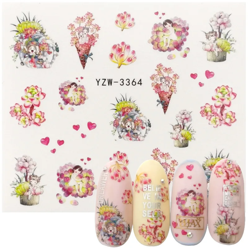 2022 New Arrival Succulent Plants Sliders Nail Romantic Valentine for Nails Art Water Transfer Sticker Watermark Decal Manicure | Красота и