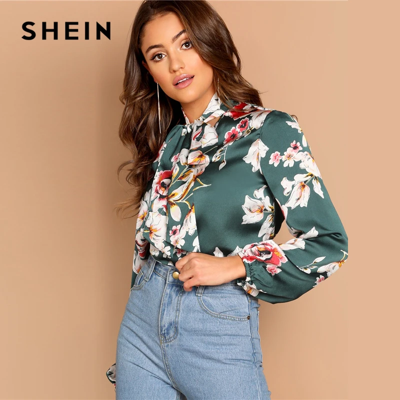 SHEIN Стильный Топ С Цветочным Принтом 2019 Женские Осенние Элегантные Блузки И