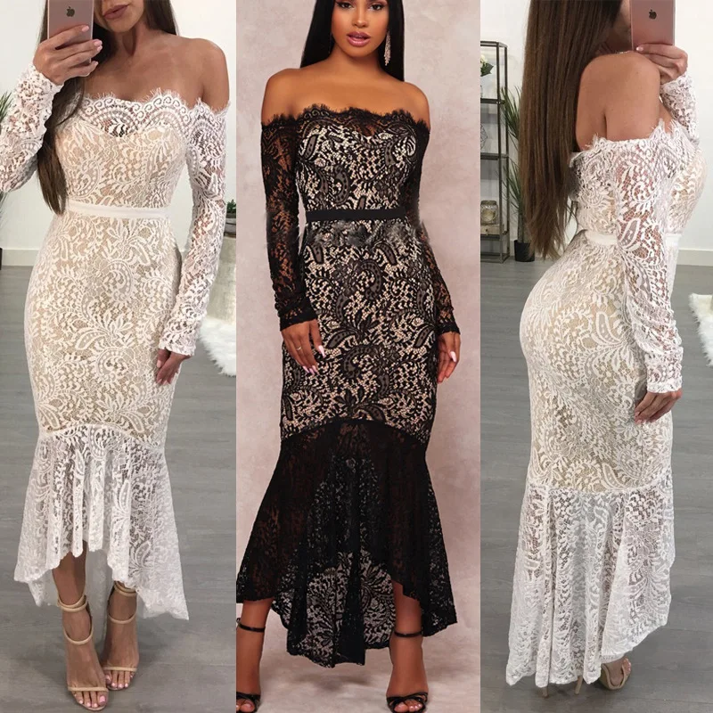 

BacklakeGirls 2019 Lace Boat Neck Strapless Off Shoulder Mermaid Cocktail Dresses Full Sleeves High Low Cut Out Sexy Women Dress