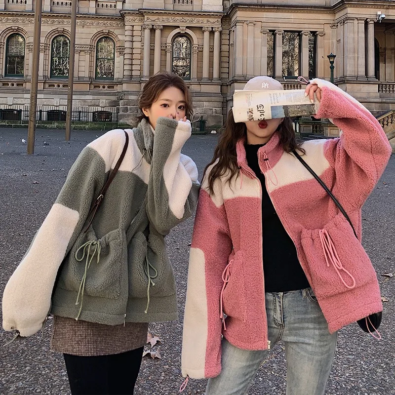 

Photo Shoot CHIC College Style Berber Fleece Mixed Colors Mid-length Handsome Stand Collar Drawstring Lace Pocket Woolen Jacket
