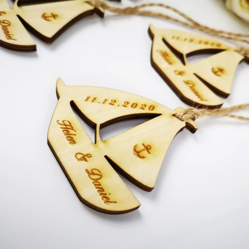 Personalized Engraved Wood Hanger Sailboat Wedding Centerpieces Table Decoration Favors Customized Candy Tags Name Date (3)