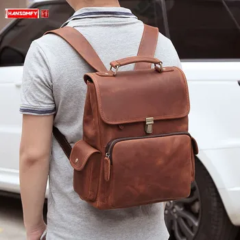 

2020 Retro Genuine Leather Men's Backpack Shoulder Bag Large Capacity Hiking Laptop Backpacks Crazy Horse Leather Portable Male