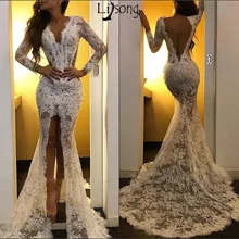 Сексуальное Кружевное с рыбьим хвостом элегантные платья для выпускного с длинными рукавами Вечерние платья с аппликацией с высоким разрезом v-образным вырезом без спинки платье для особых случаев