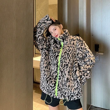 

2019 Women Winter Leopard Print Lamb Wool Coat Lady Casual Thick Warm Jacket Loose Windbreaker Wool Coat