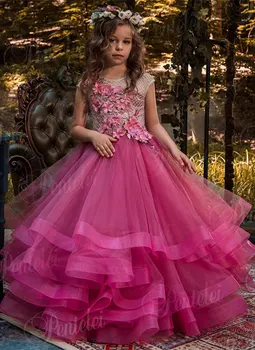 

Ruffle Lace Applique Ball Gown Flower Girl Dresses for Wedding Birthday Princess Party Dress Custom Made