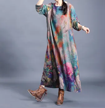 

Women Spring Vintage Printed Loose Dress Ladies Print 2020 Irregular Ankle Length Round Neck Big Swing Maxi Robe Dress