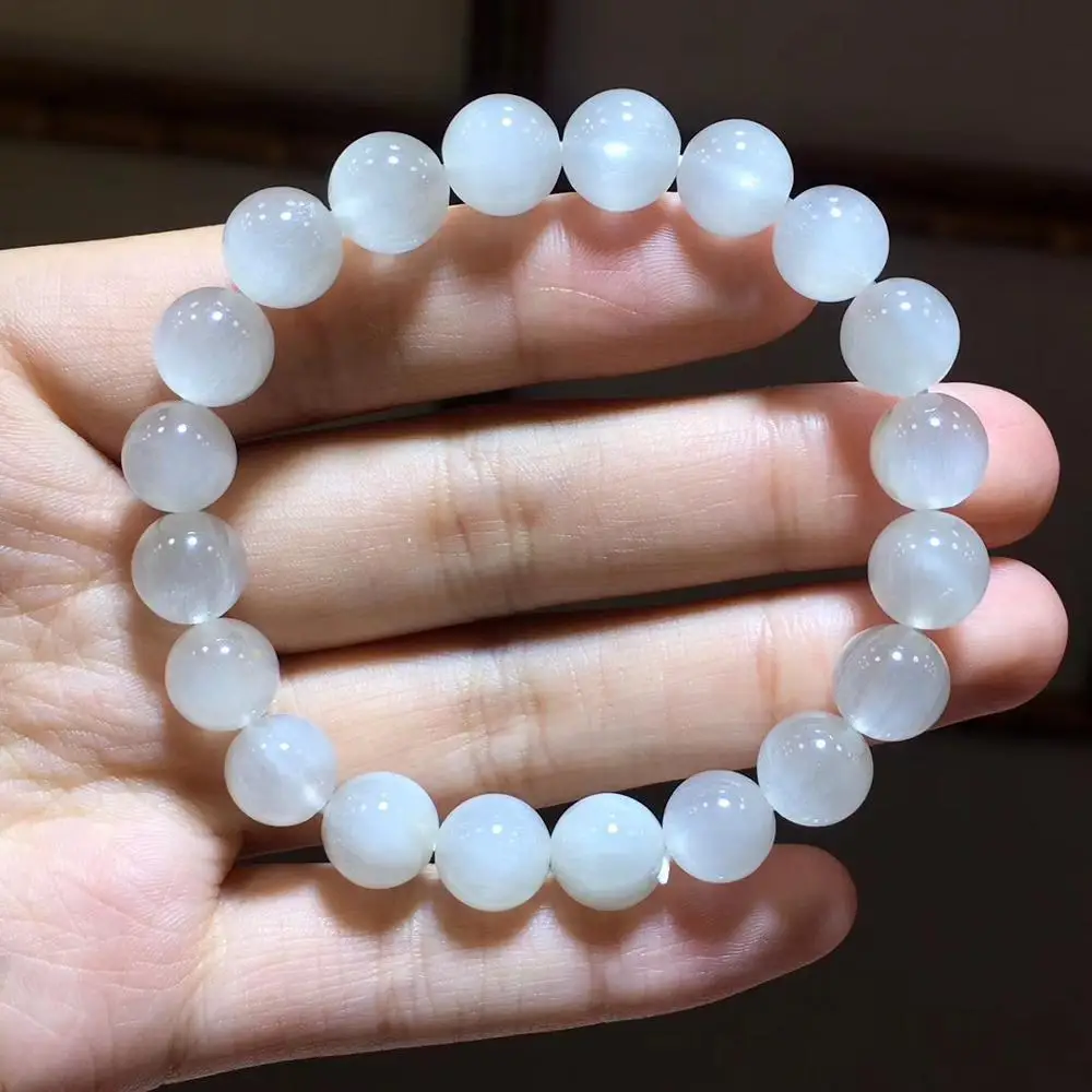 

Top Natural White Rutilated Quartz Cat Eye Bracelet 9mm For Women Stretch Crystal Clear Round Beads Drop Shipping