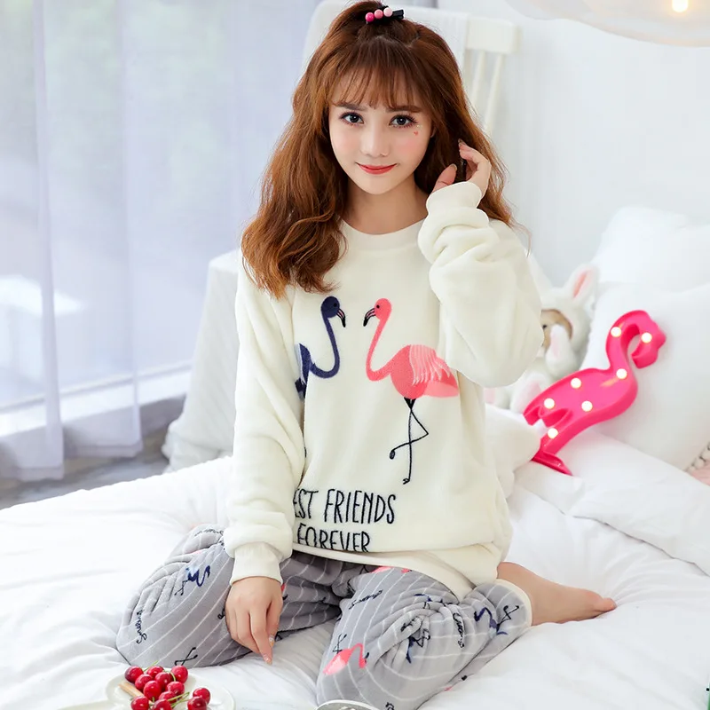 

Pajamas Women's Autumn & Winter Coral Velvet Cute Flamingo Flannel Two-Piece Set-Outer Wear Sweet mei chun Home Wear