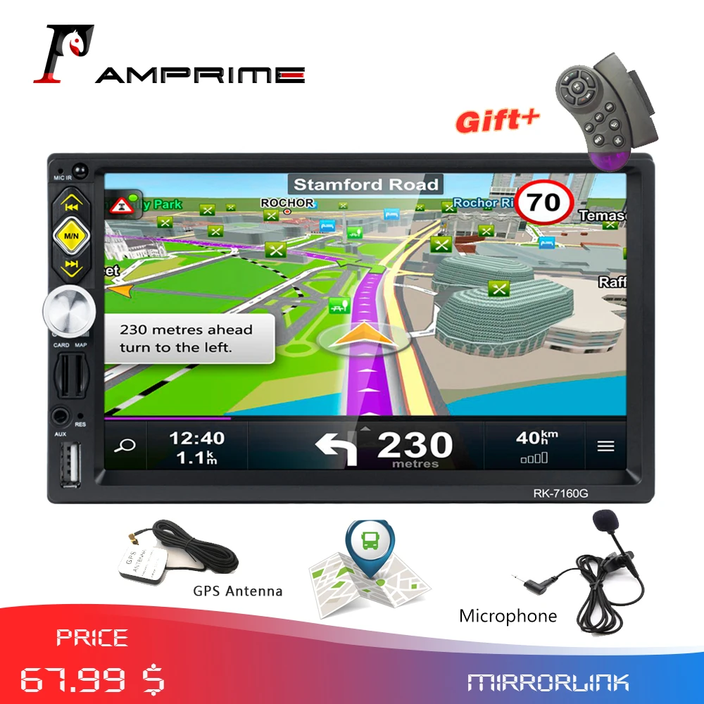 

AMPrime 2 din Car Stereo 7" HD RDS Car Radio GPS Mirror Link Autoradio Steering Wheel Control Support Micphone Rear View Camera