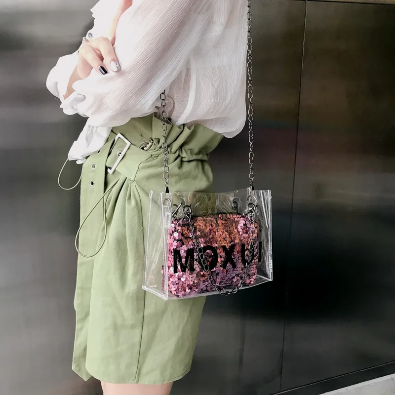 

Laser Bag Women's 2019 New Style Korean-style Fashion Jelly through Handbag Shoulder Sequin Graceful WOMEN'S Bag Bag