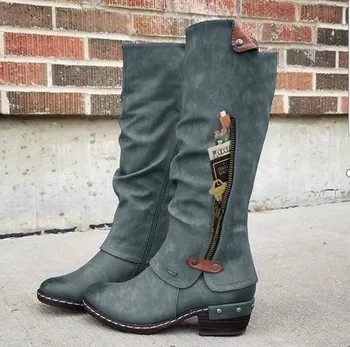 

New 2020 Zip Women's Boots Round Toe Mid-heel Zipper Knight Boots Square Heel Long-tube Women's Boots Zapatos De Mujerp