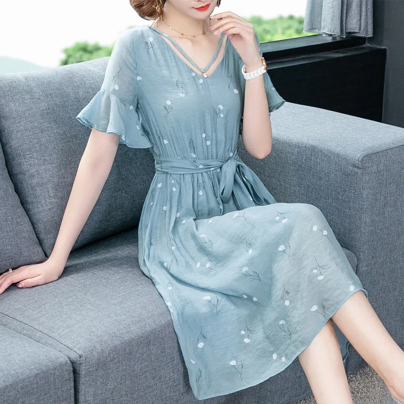 

WOMEN'S Dress Immortal Floral Print V-neck Chiffon Dress Tencel Waist Hugging Platycodon Grandiflorum Medium-length Dress Summer