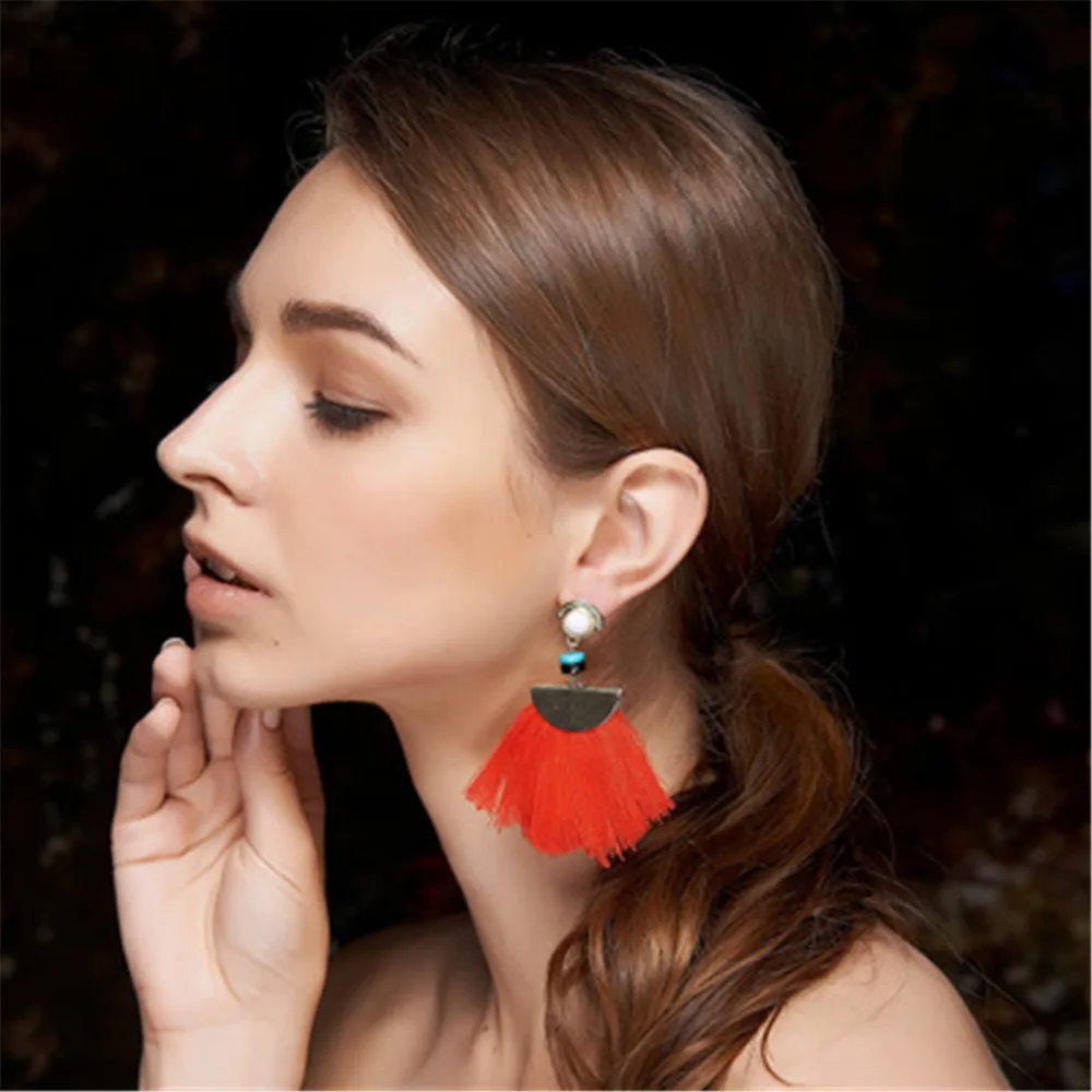 

LOSTSOUL Mulit- Color Bohemian Earrings Woolen Retro lPendant Long Temperament Exaggeration Jewelry
