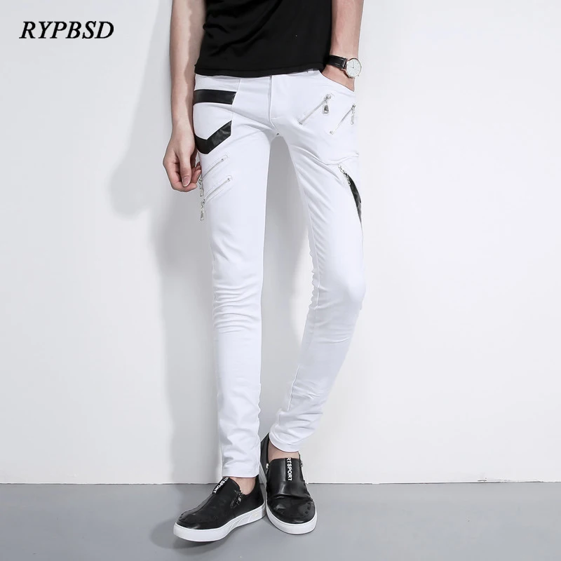 Hip Hop Jeans for Men Streetwear Fashion Patchwork Punk Gothic Party Stage Multi Zippers Skinny Black Leather Pants Designer | Мужская