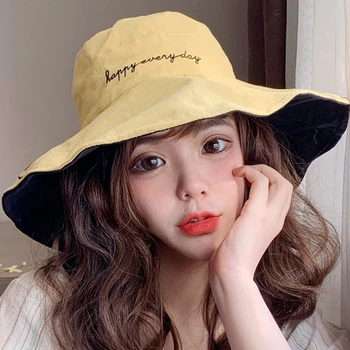 

Hat female tide summer smiley fisherman hat Japanese literature and art double-sided big brim sunhat outdoor