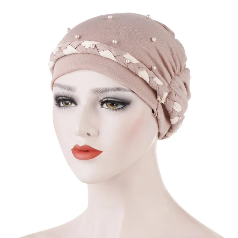 Bandanas Women Bead Braid Cotton Turban Hat Scarf Cancer Chemo Beanies Caps Hijab Headwear Head Wrap Plated Hair Loss Cover