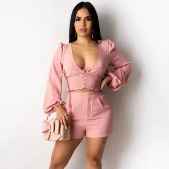 

ZKYZWX Sexy Two Piece Set Fashion Summer Clother for Women Long Sleeve Crop Top and Shorts 2 Piece Club Outfits Matching Sets