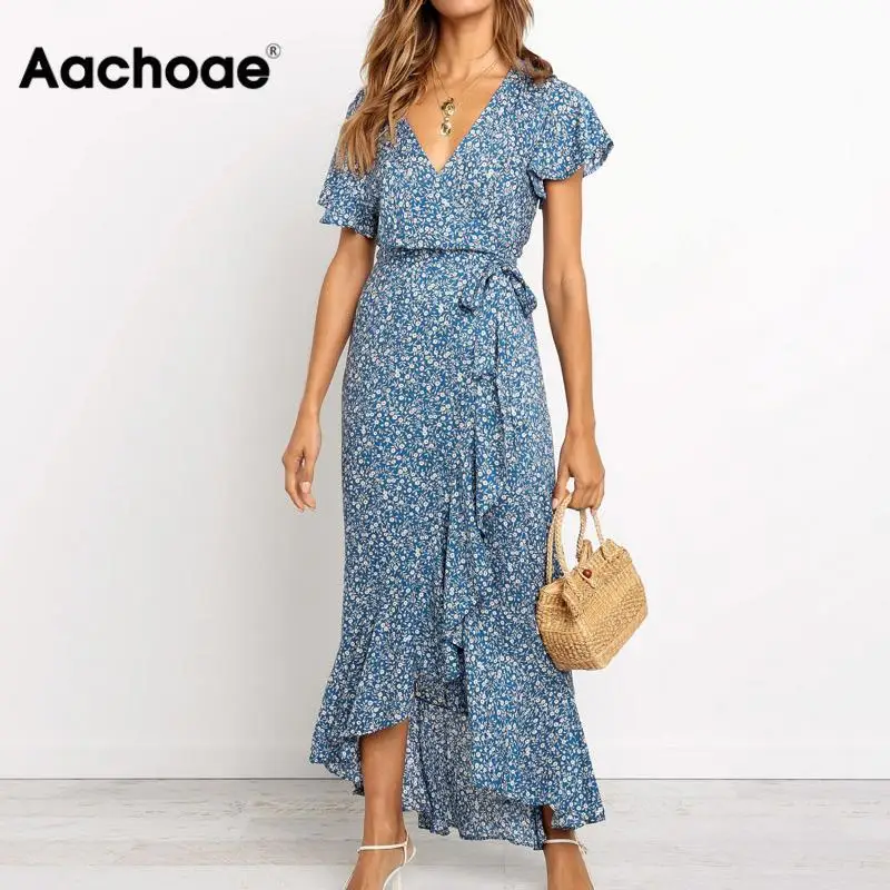 Aachoae Long Maxi Dress Women Summer Bohemian Wrap Floral Print Beach Dress V Neck Split Short Sleeve Ruffles Sundress Vestidos Aachoae Long Maxi Dress Women Summer Bohemian Wrap Floral Print Beach Dress V Neck Split Short Sleeve Ruffles Sundress Vestidos