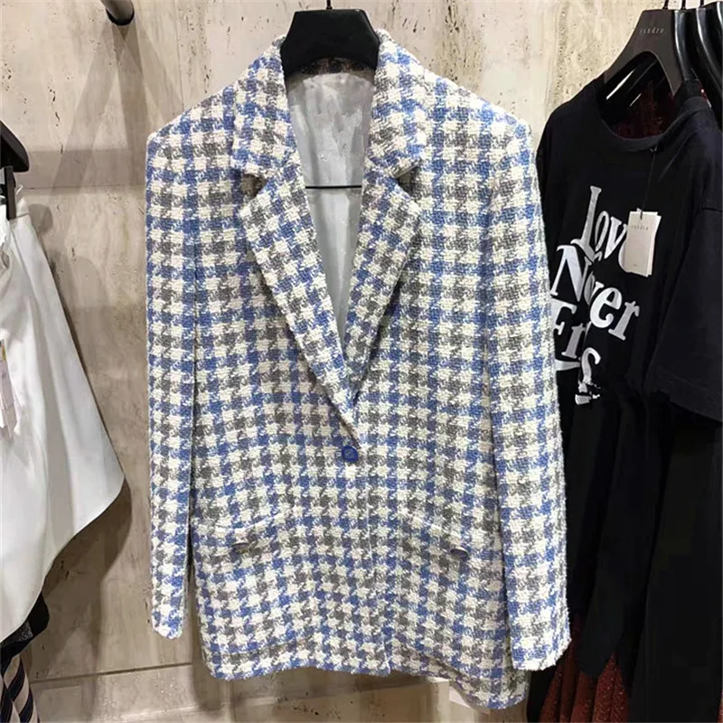 2020 spring and summer new fresh blue plaid women woolen blazer coat