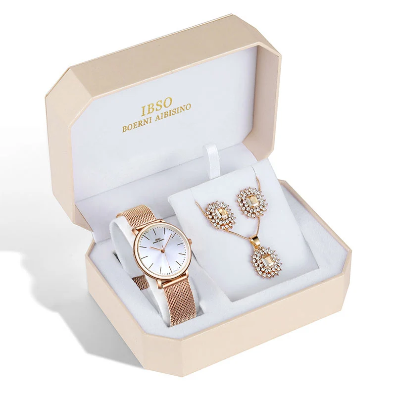 IBSO, брендовые кварцевые наручные часы, ожерелье, серьги, набор, женские часы, женские ювелирные изделия, металлический ремешок, часы для дам, подарок - Цвет: 3626