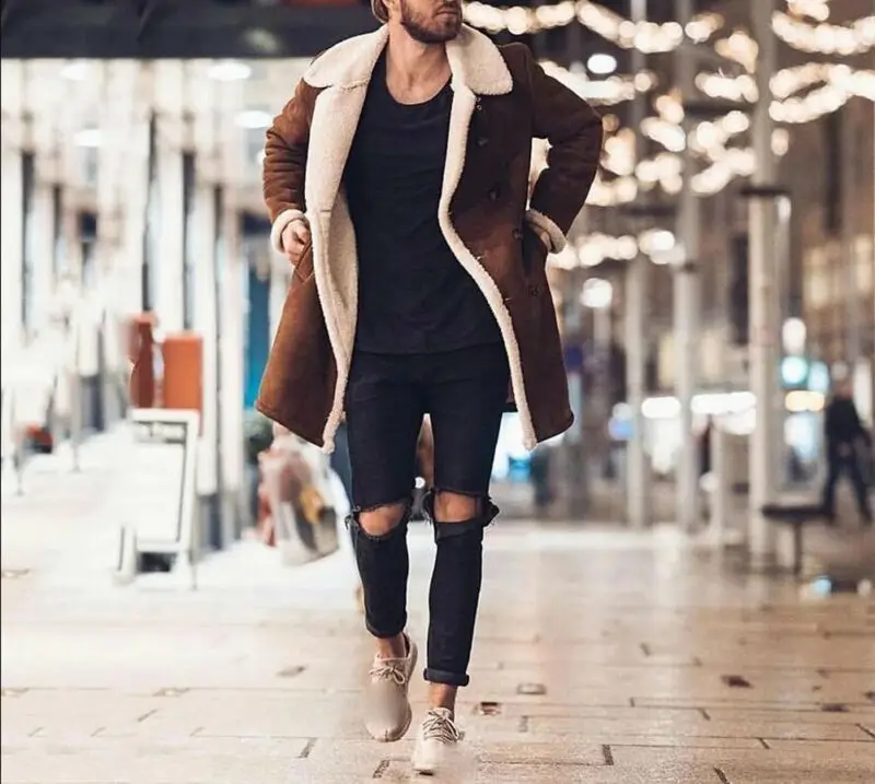 Мужской меховой флисовый модный Тренч коричневого цвета, зимнее модное пальто с отворотом, теплая пушистая мужская повседневная куртка, верхняя одежда