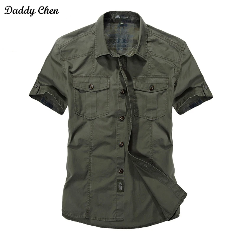 Военные Стиль высокое Качественный хлопок весенние мужские рубашки в стиле кэжуал Однотонная рубашка Классический дизайн дышащий