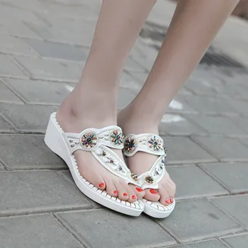 

YMECHIC 2018 Bohemian Bling String Bead Summer Beach Flip Flops Women Slippers White Black Med Wedges Heels Party Slides Shoes