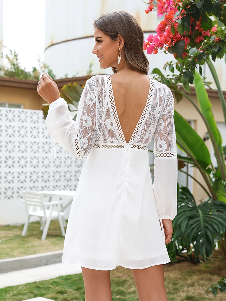 White Office Dress Lace Zippers Cut Out 