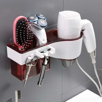

Wall Mounted Hair Dryer with Plug Holder Rack Adhesive Bathroom Shelf Storage
