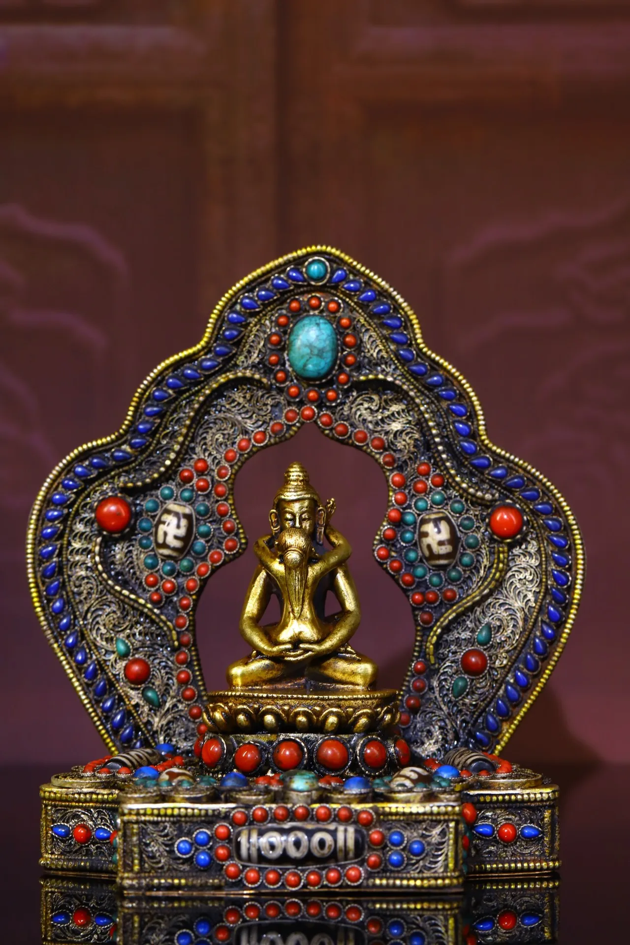 

9"Tibetan Temple Collection Old Tibetan silver Mosaic Gem gZi Beads Happy Buddha Buddhist Niche Worship Hall Town house