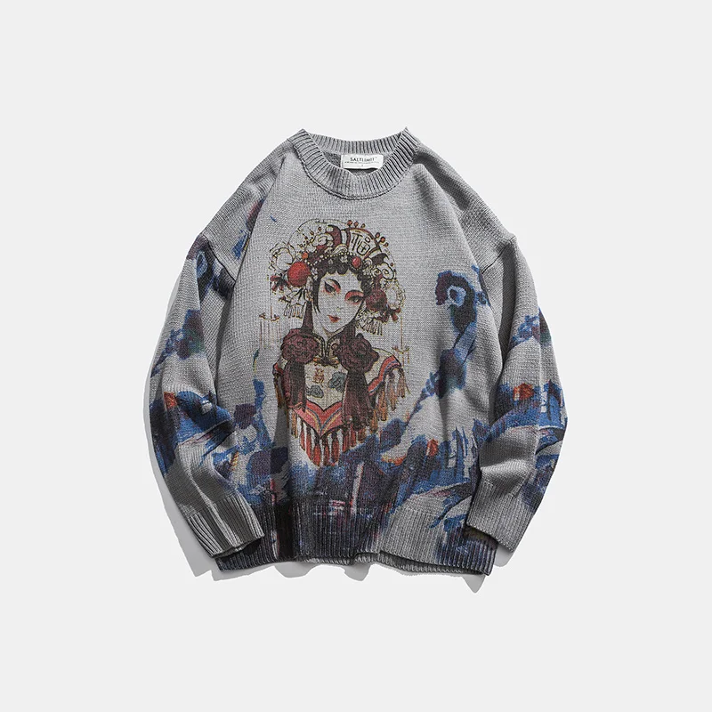 ZAZOMDE Casual Men Sweater O neck Beijing Opera Pattern Pullovers  Knittwear Autumn Sweaters Mens Loose Pullovers Men