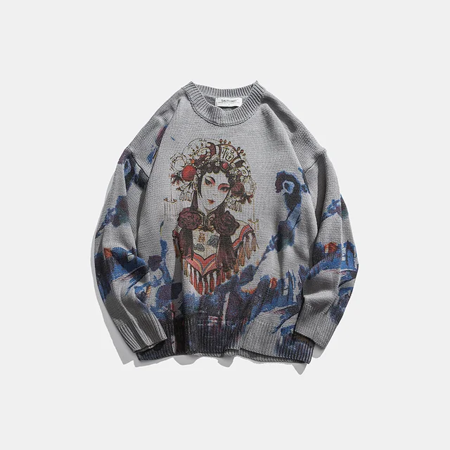 ZAZOMDE Casual Men Sweater O neck Beijing Opera Pattern Pullovers  Knittwear Autumn Sweaters Mens Loose Pullovers Men Gray