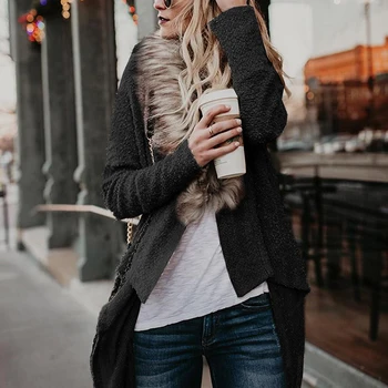 

Warm Autumn And Winter Ladies Large Wool Collar Cardigan Plush Comfortable Windbreaker Coat Print V-Neck Coat For Ladies Fashion