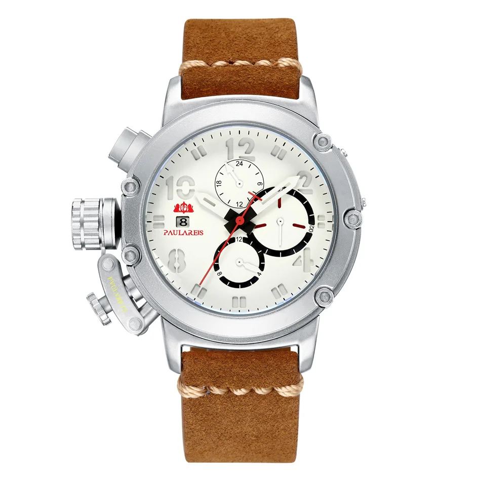 Silver White Red Автоматические Механические Многофункциональные мужские часы из натуральной коричневой кожи с подсветкой и датой и месяцем - Цвет: Silver White Red