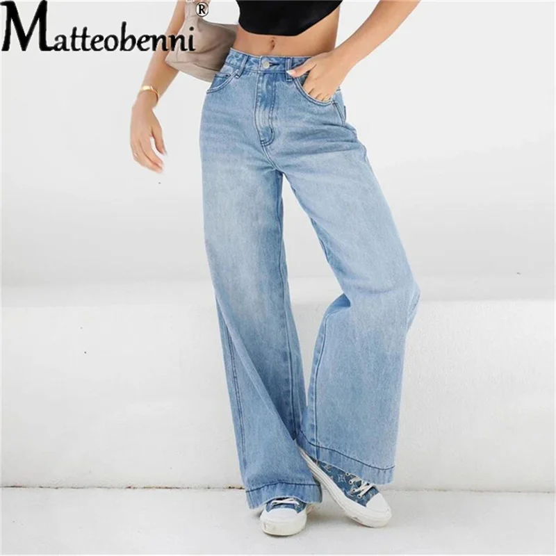 2021 Woman High Waist Jeans Vintage Blue Jean Trousers Straight Overalls Denim Pants Ladies Long Loose Street Wide Leg Jeans 2021 new spring and autumn fashion ladies jeans ripped holes hollowed out slimming ladies trousers denim straight leg jeans