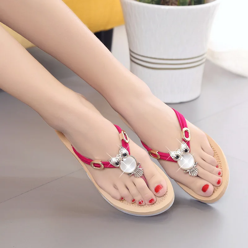 

2019 Flip-flops Summer Sandals Flat Anti-slip Beach Women's Split Toe Owl Man-made Diamond WOMEN'S Sandals