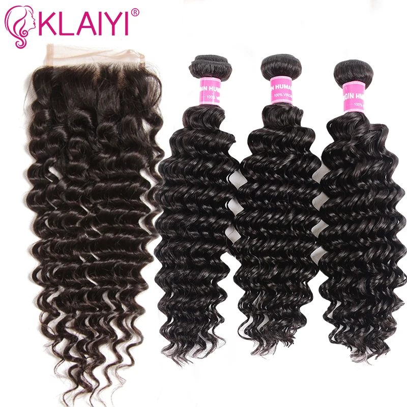 

Klaiyi Hair Deep Wave Bundles With Closure 4pcs Indian Hair Extension Closure 100% Remy Human Hair Bundles With Closure
