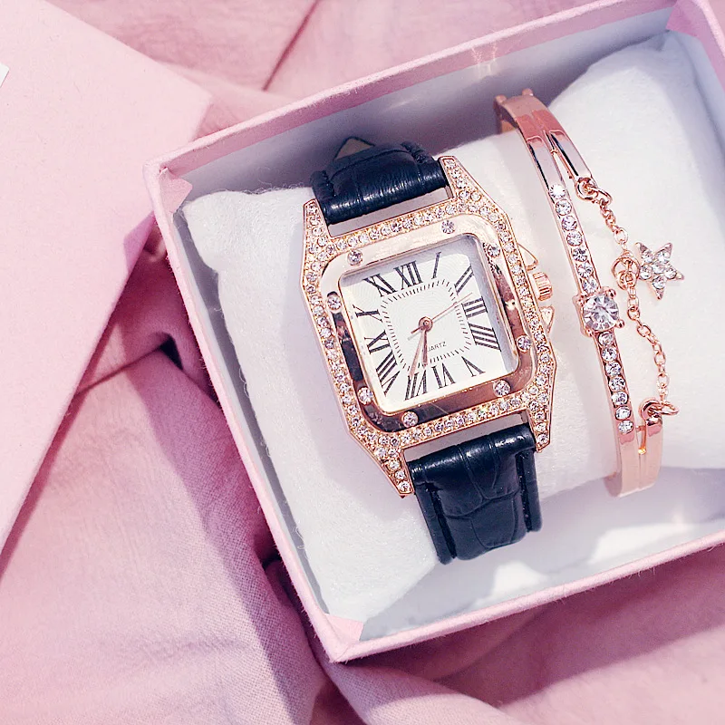 Reloj Mujer, женские часы с бриллиантами, Звездный квадратный циферблат, браслет, часы, набор, Дамский кожаный ремешок, кварцевые наручные часы, женские часы