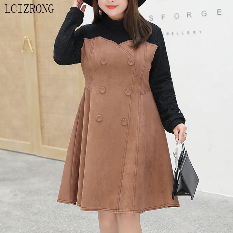 

2019 New Autumn 4XL Plus Size Dress Women Leather +Lace Patchwork Office Ladies Dress Winter Elegant Warm Black Dress Female