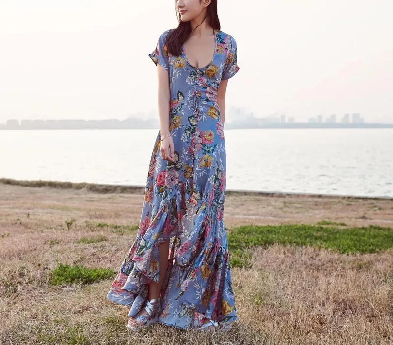 

Nice Summer Women Short Sleeve Asymmetrical Party Dress Bohemian Ruffles Floral Print Beach Dress O-Neck Button Long Dresses