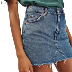 LITTHING 2019 Новая летняя однотонная джинсовая Империя юбка Для женщин Высокая Талия Повседневное трапециевидной формы джинсовая проблемных
