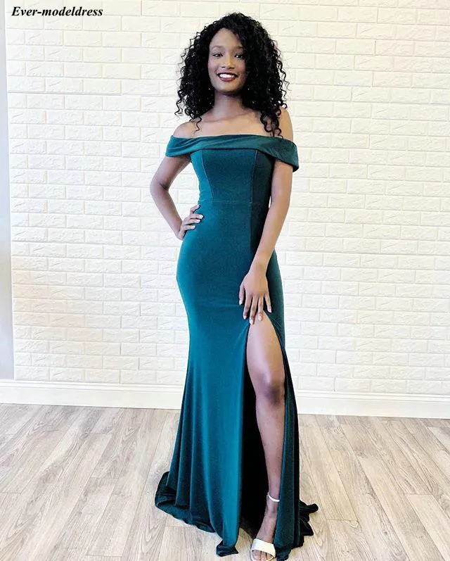 

Elegant Off Shoulder Evening Dresses 2019 Side Split Zipper Back Simple Mermaid Formal Prom Party Gowns Robe de soiree