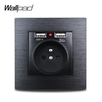 

Wallpad S7 Black Aluminum Panel French Wall Socket with 2.1A 2 x USB Charging Ports, Single Power Outlet Metal Plate